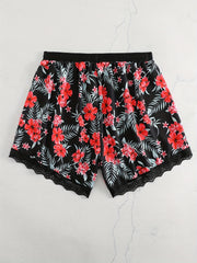  Rose Print Lace Elastic Stretch Shorts
