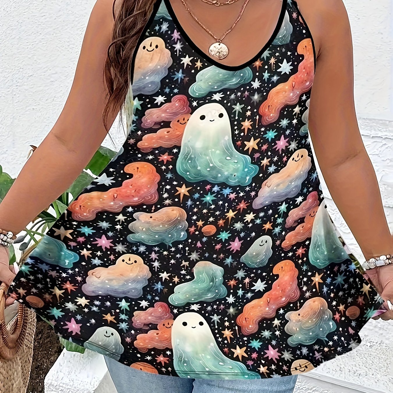  Halloween Ghost & Star Print V Neck Cami Top