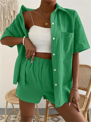 Solid Casual Two-piece Set Button Front Shirt & Shorts