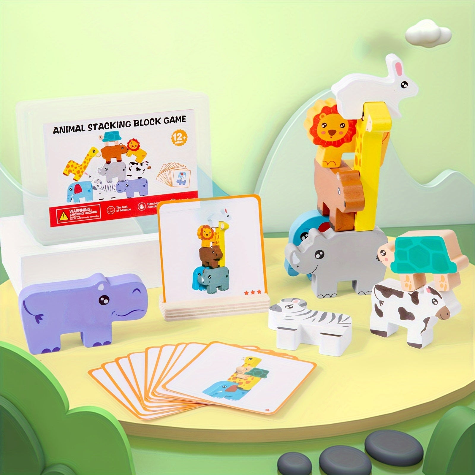 Wooden Animal Sorting & Stacking Blocks Game w/10 Challenge Cards