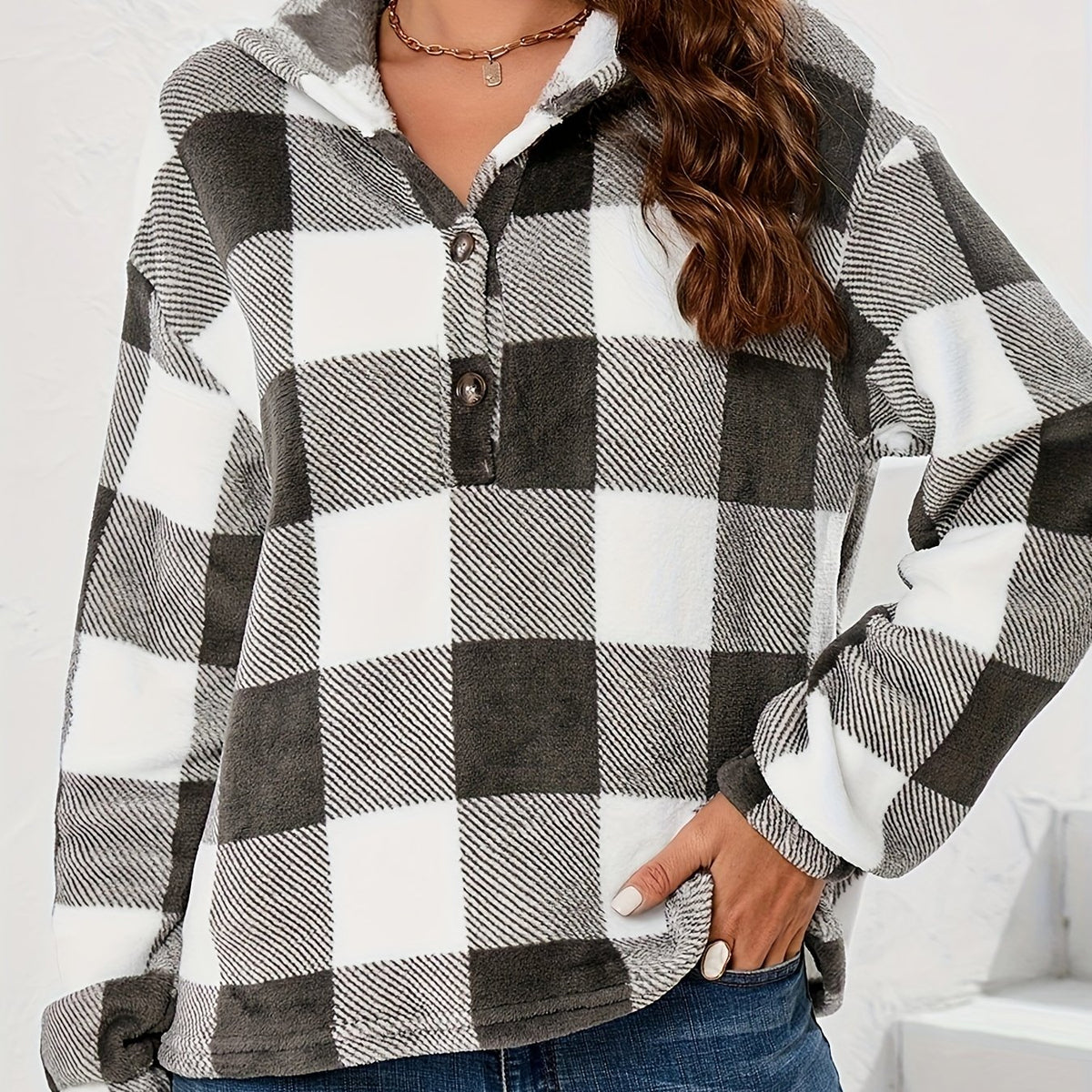 Plaid Button Front Hoodie Long Sleeve Sweatshirt