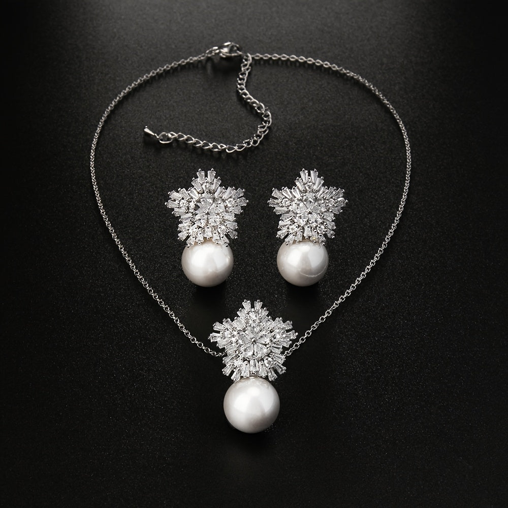 Flower Shape Faux Pearl Jewelry Set Necklace & Earrings