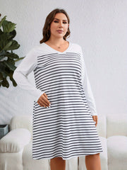  Women's Stripe Print V Neck Long Sleeve Tee Dress