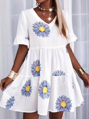  Floral Print Ruffle Trim V Neck Mini Dress