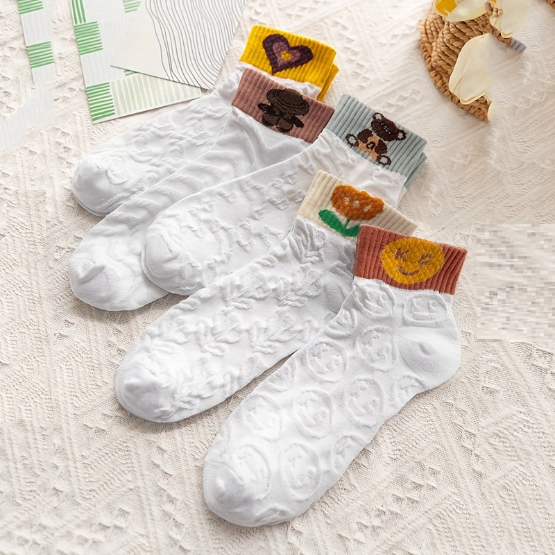 5 Pairs Cartoon Print Socks & 3D Textured Short Socks Women's Stockings