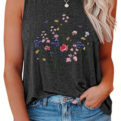  Floral Print Round Neck Stretch Tank Top