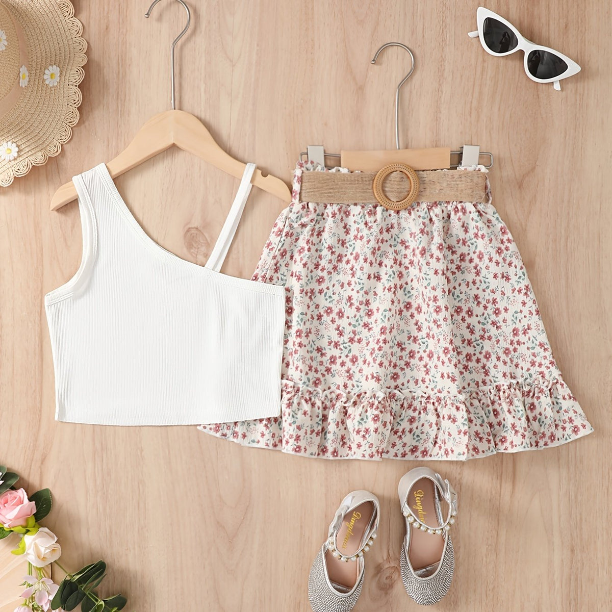 2pcs Girl Asymmetrical Neck Top And Floral Print Skirt Set Clothes