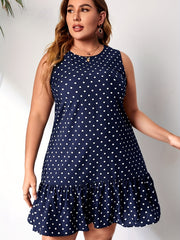  Polka Dot Print Tank Dress Ruffle Trim Stretch