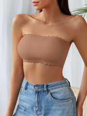 Scallop Trim Bandeau Bra Seamless Comfortable Strapless Stretch Bra