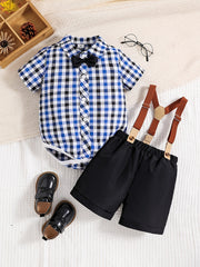Plaid Outfit Baby Boys 2pc Bowtie Shirt & Suspender Shorts Set