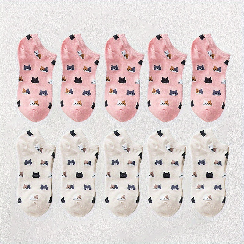 10 Pairs Cartoon Cat Print Socks Low Cut Ankle Socks Women's Stockings