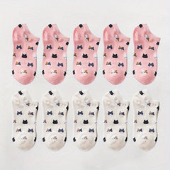 10 Pairs Cartoon Cat Print Socks Low Cut Ankle Socks Women's Stockings