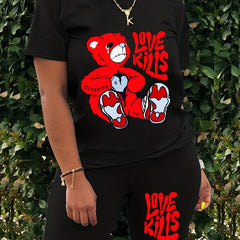 Casual Bear Print Two piece Set Short Sleeve T shirt & Skinny Shorts