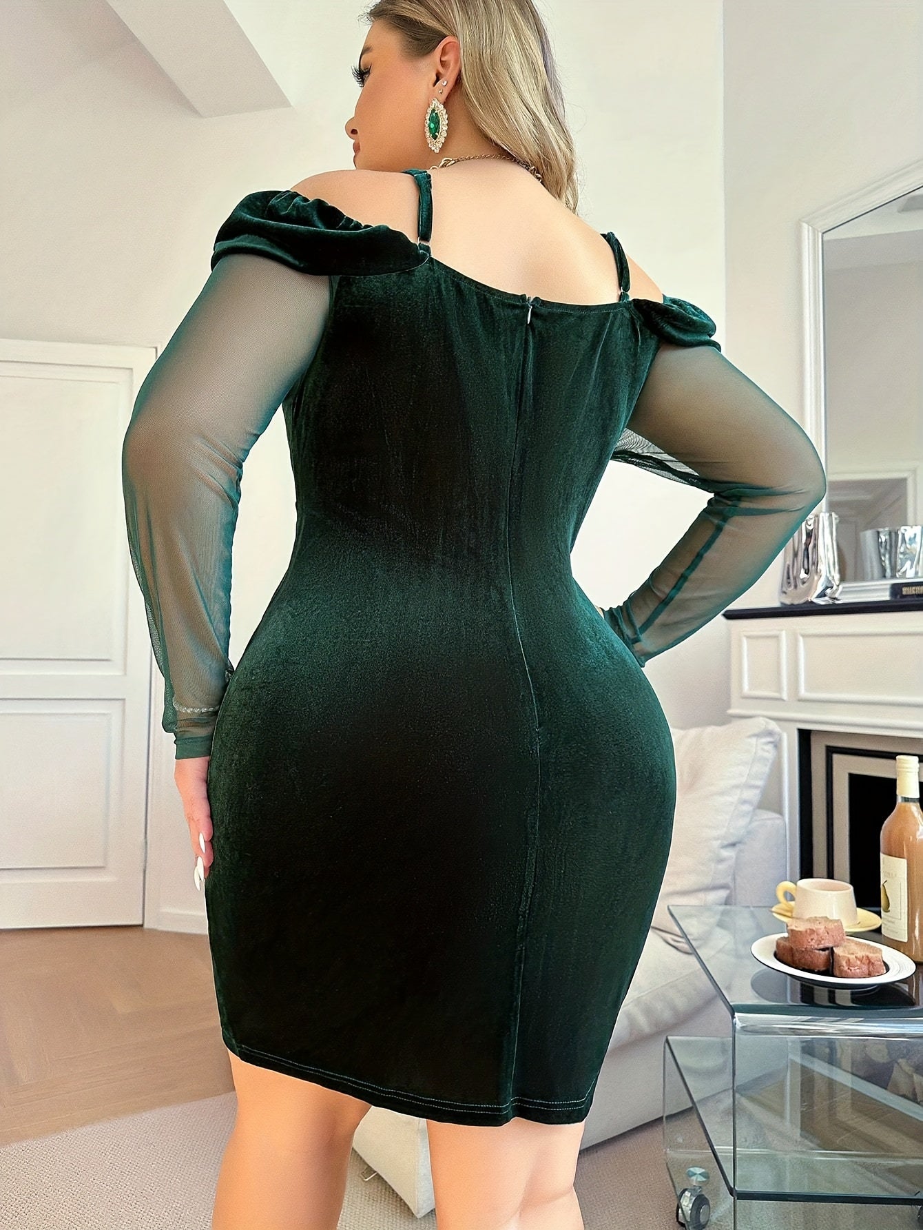  Velvet Mesh Cold Shoulder Bodycon Midi Dress