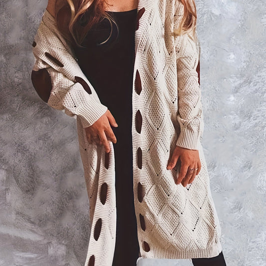 Solid Pointelle Long Sleeve Hooded Open Front Sweater Cardigan