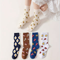 5 Pairs Plus Size Crew Socks Set Women's Plus Funny Cartoon Print