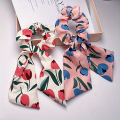 2pcs Boho Tulip Floral Print Hair Scarf Scrunchies Bow Hair Tie