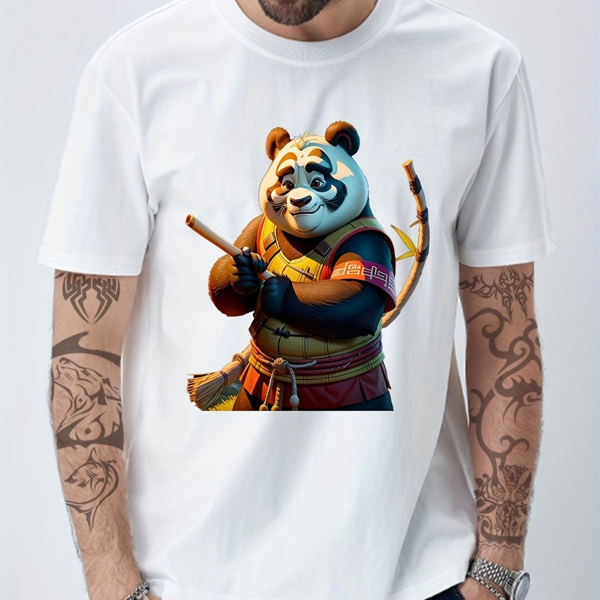 Cotton Anime Panda Print Men's Graphic Crew Neck T-shirt