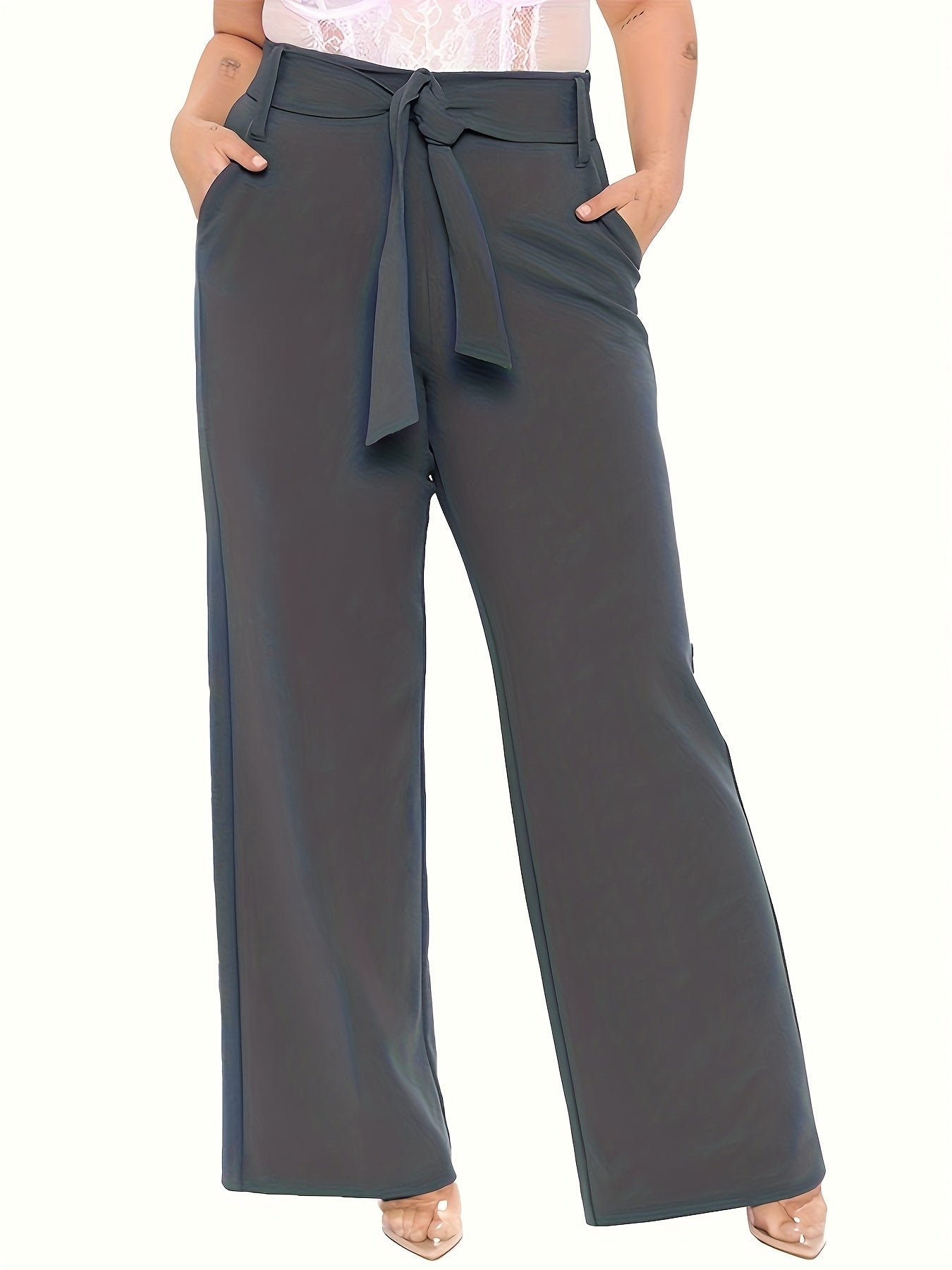 Women's Plus Solid Wide Leg Loose Trousers With Belt