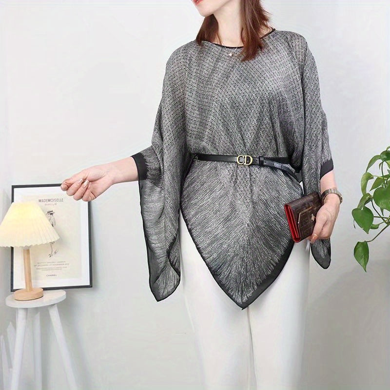 Gray Printed Large Shawl Silk Loose Pullover Shawl Windproof Sunscreen Cape