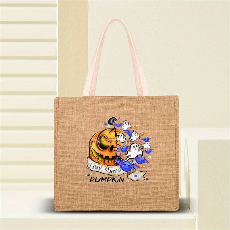 Halloween Tote Bag Pumpkin & Ghost Pattern Lightweight Shoulder Bag