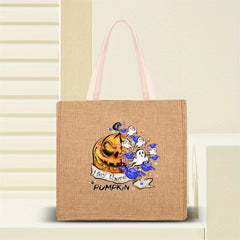 Halloween Tote Bag Pumpkin & Ghost Pattern Lightweight Shoulder Bag