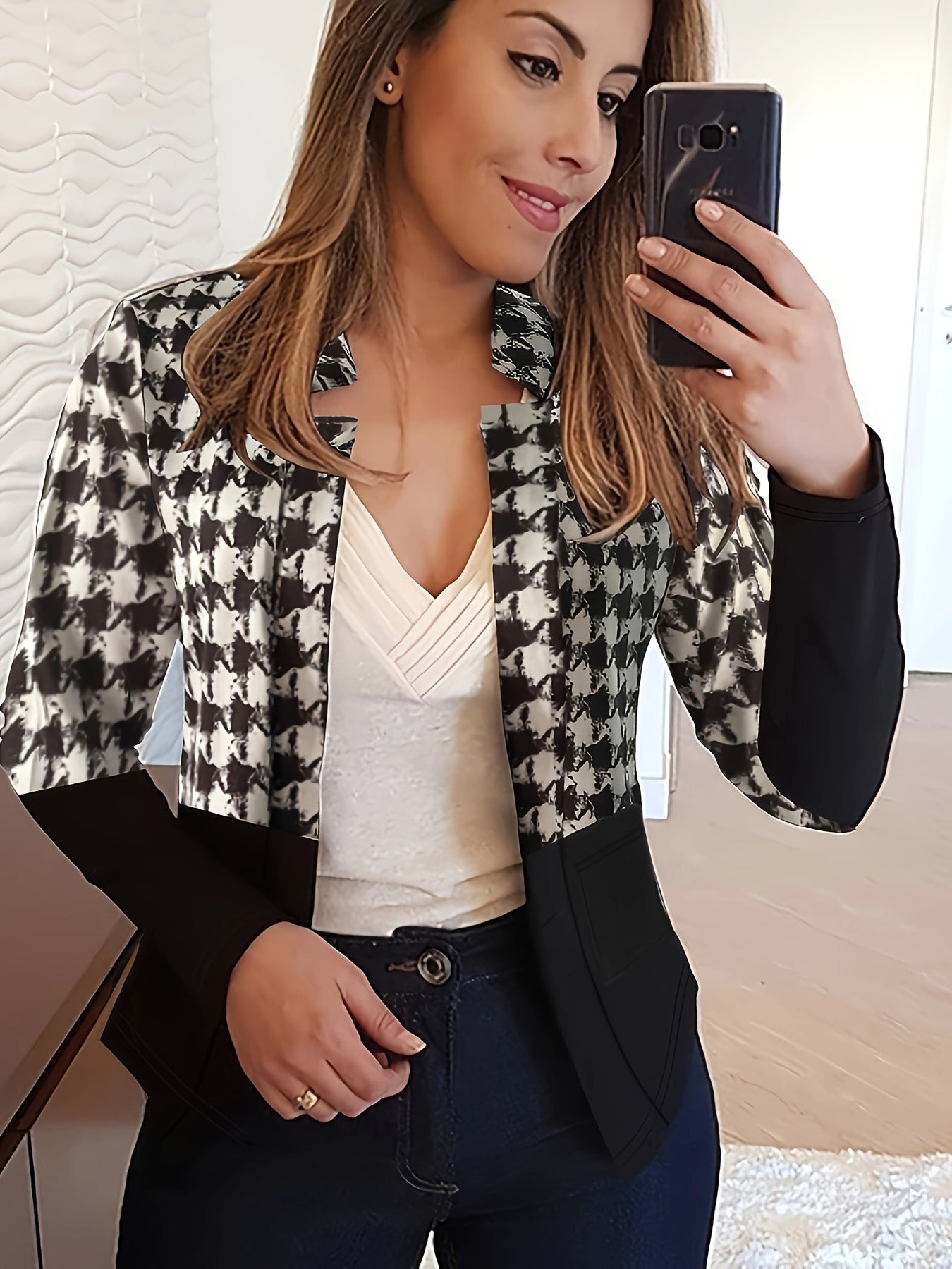 Colorblock Houndstooth Print Long Sleeve Slim Fit Blazer