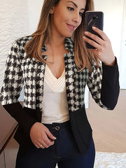  Colorblock Houndstooth Print Long Sleeve Slim Fit Blazer