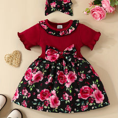 2pc Baby Girls Floral Print Dress & Headband Set Clothes