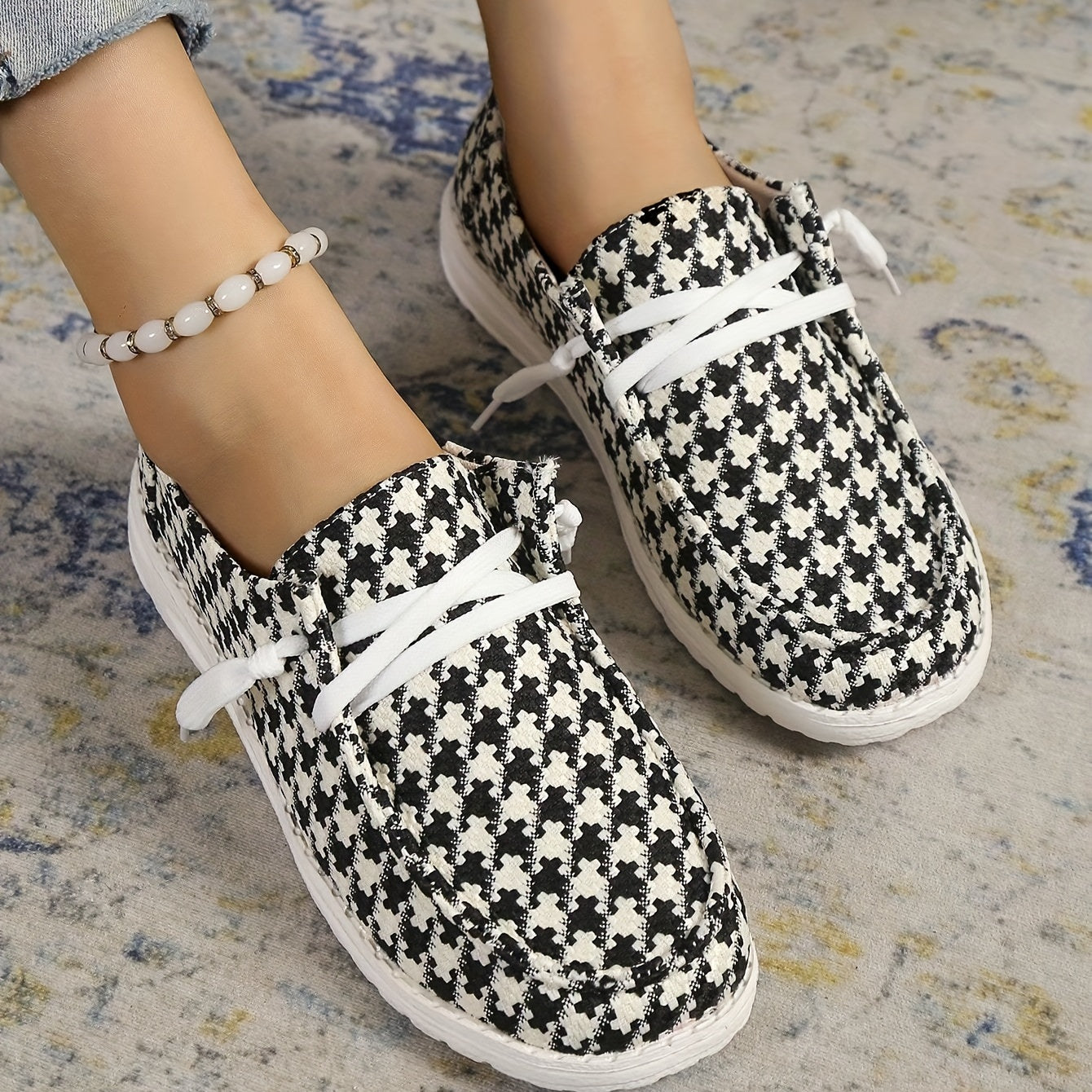 Women's Houndstooth Canvas Shoes Slip On Casual Flat Sneakers
