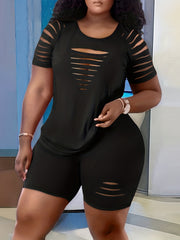 Women's Plus Solid Cut Out Tee & Biker Shorts Set