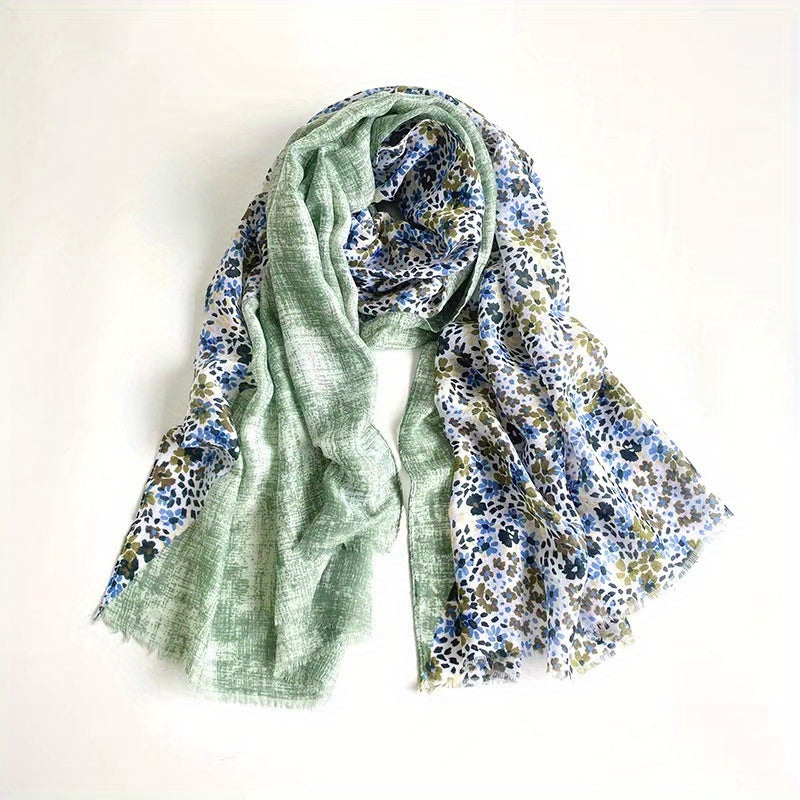 Dotted Flower Print Scarf Frayed Edge Boho Shawl
