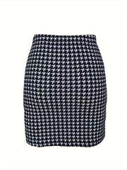  Houndstooth Print Button Decor Bodycon Mini Skirt