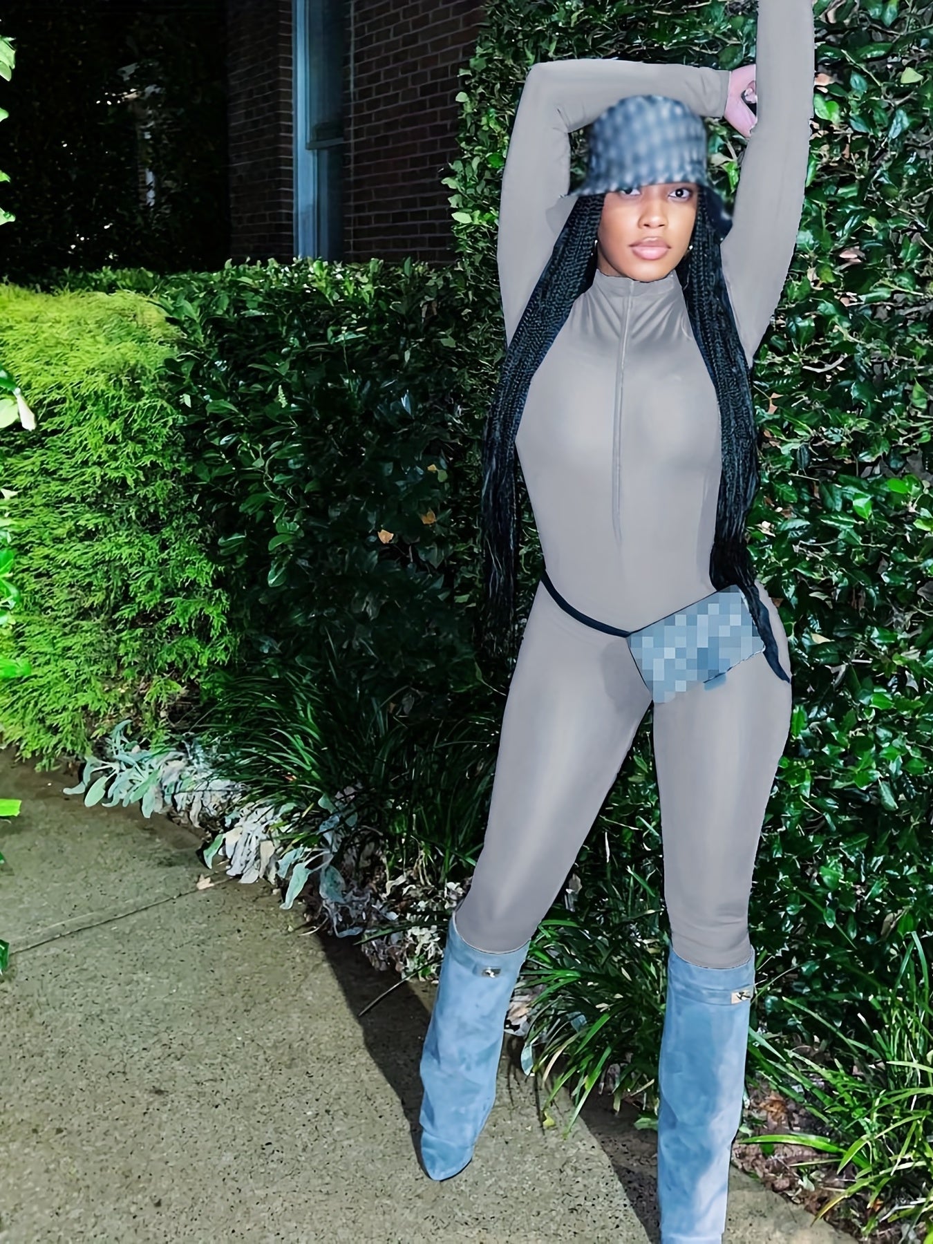 Solid Skinny Zip Up Jumpsuit Long Sleeve Stretchy Women's Clothing