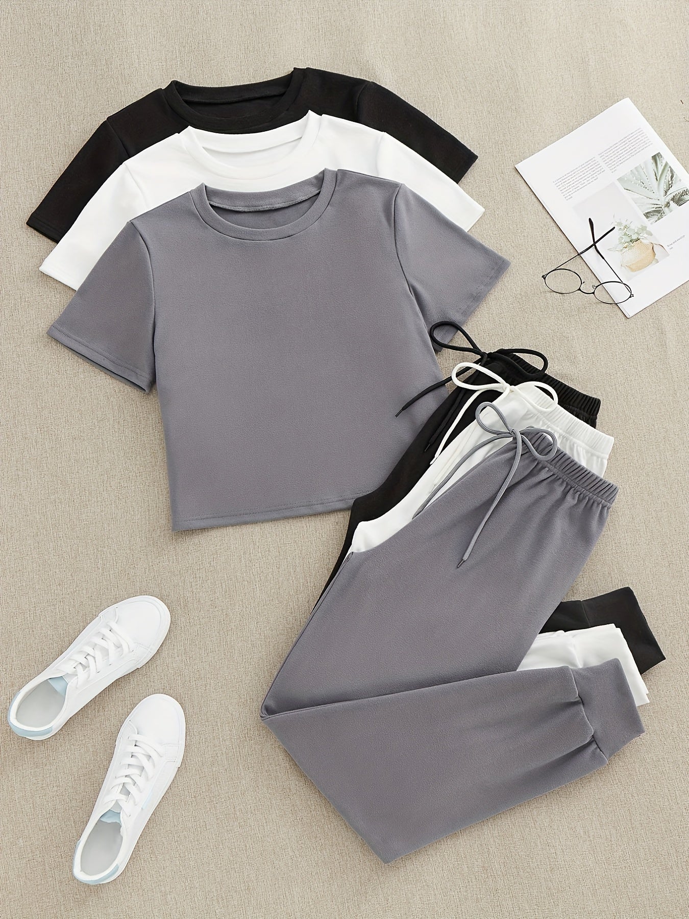 Solid Lounge Set Crew Neck Top & Lace Up Pants Women's Loungewear