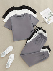 Solid Lounge Set Crew Neck Top & Lace Up Pants Women's Loungewear
