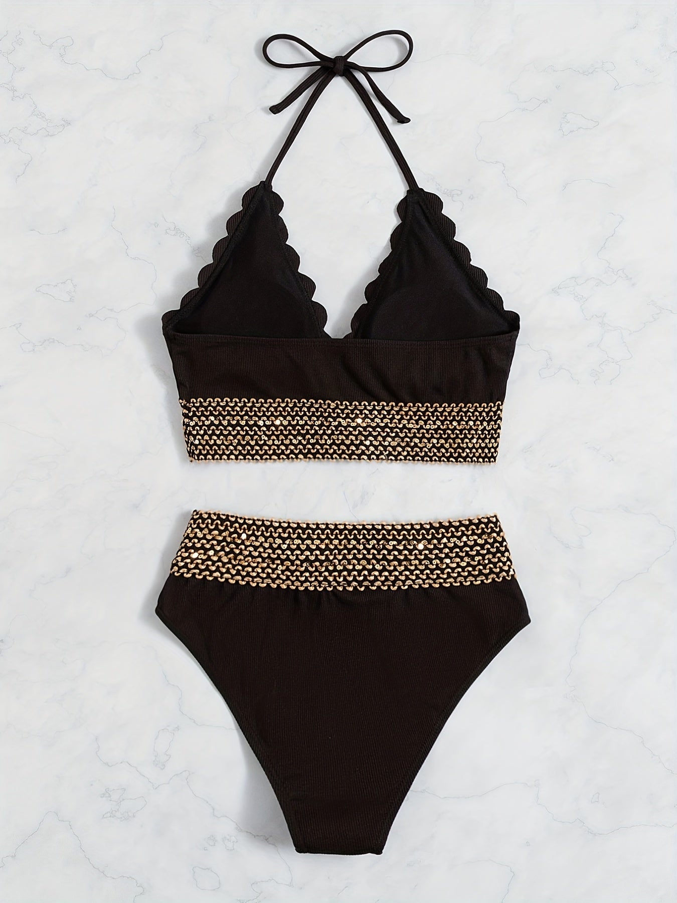 Scallop Trim Halter V Neck Bikini Set
