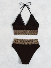 Scallop Trim Halter V Neck Bikini Set