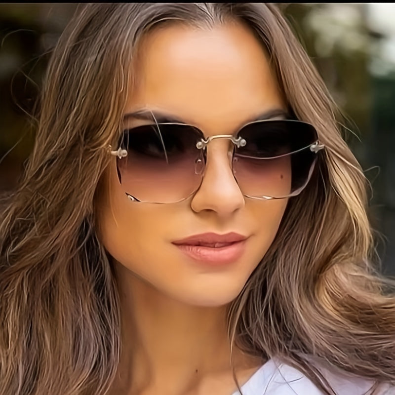 Ombre Lens Sunglasses Metal Temple Rimless UV400