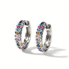 Men's Silver Plate Round Earrings Set with Colorful Zircon, Small Hoop