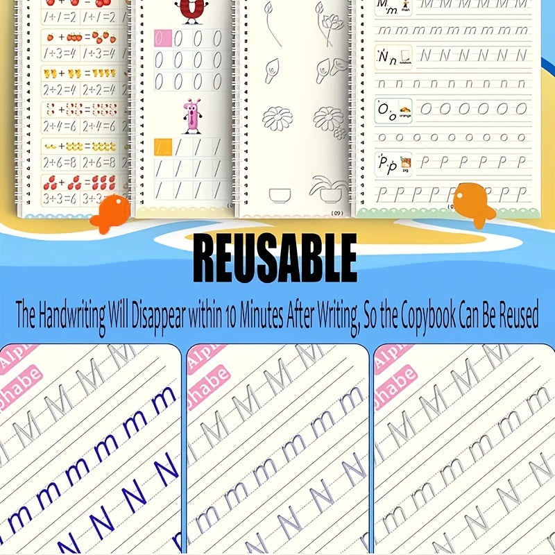 4 Reusable Copybooks with Pen for Kids Handwriting Practice Learning Toys