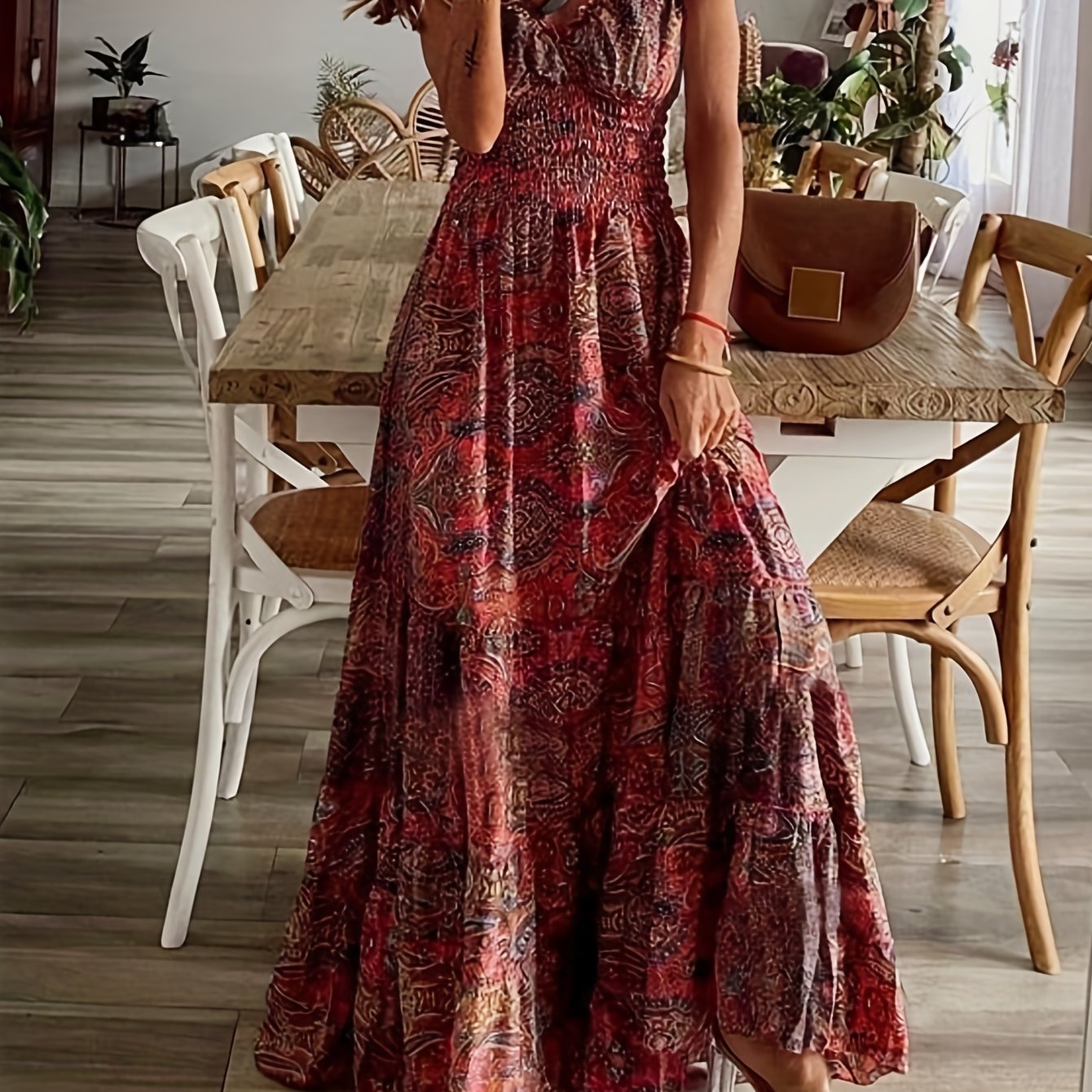  Floral Print Bubble Sleeve V Neck Nipped Waist Maxi Dress