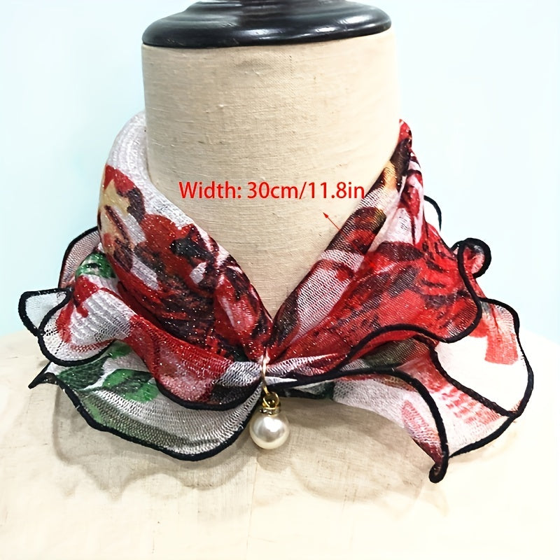 Lace Ruffles Scarf Faux Pearl Pendant Neck Gaiter