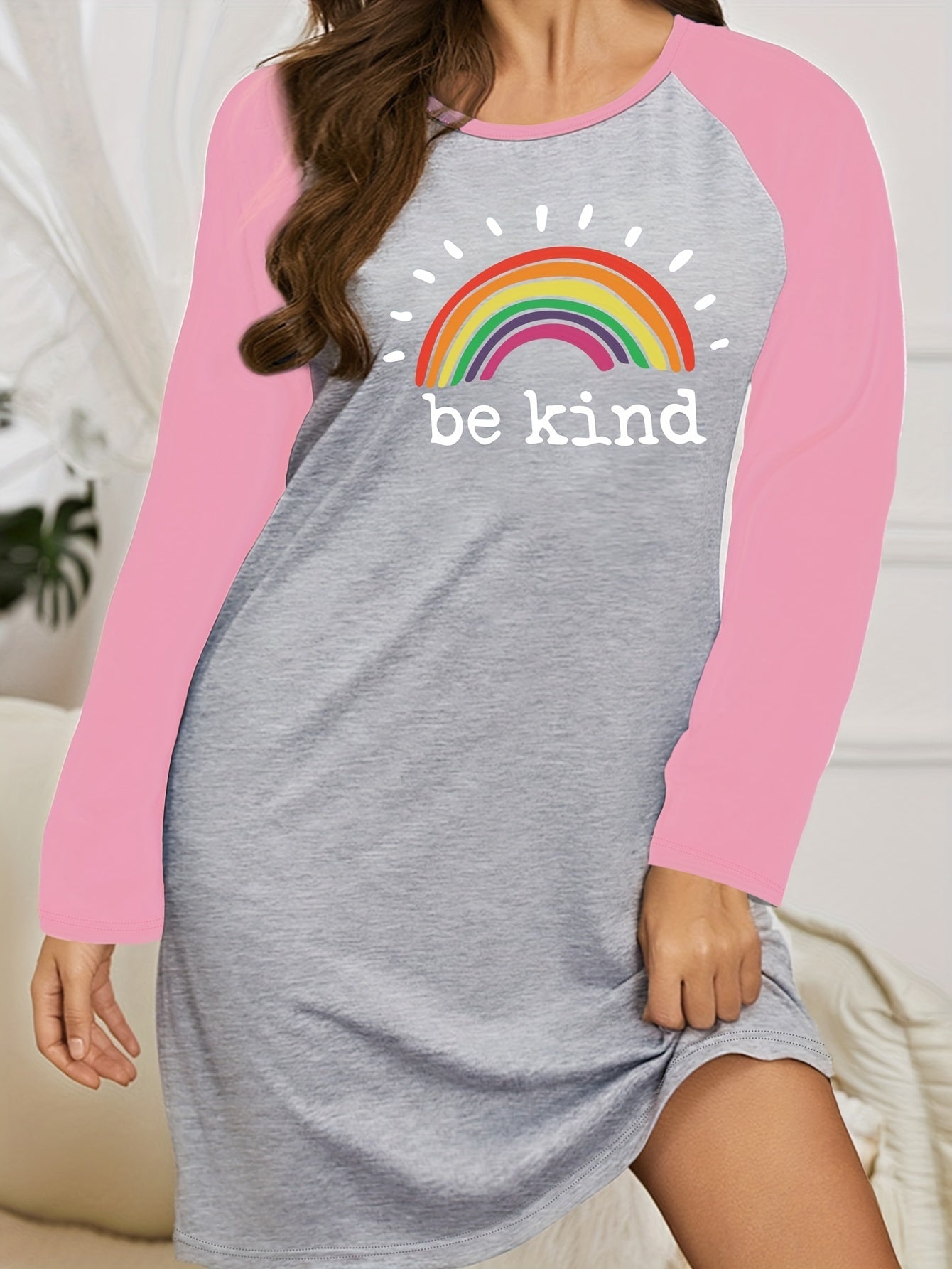  Rainbow Print Raglan Sleeve Tee Sleep Dress