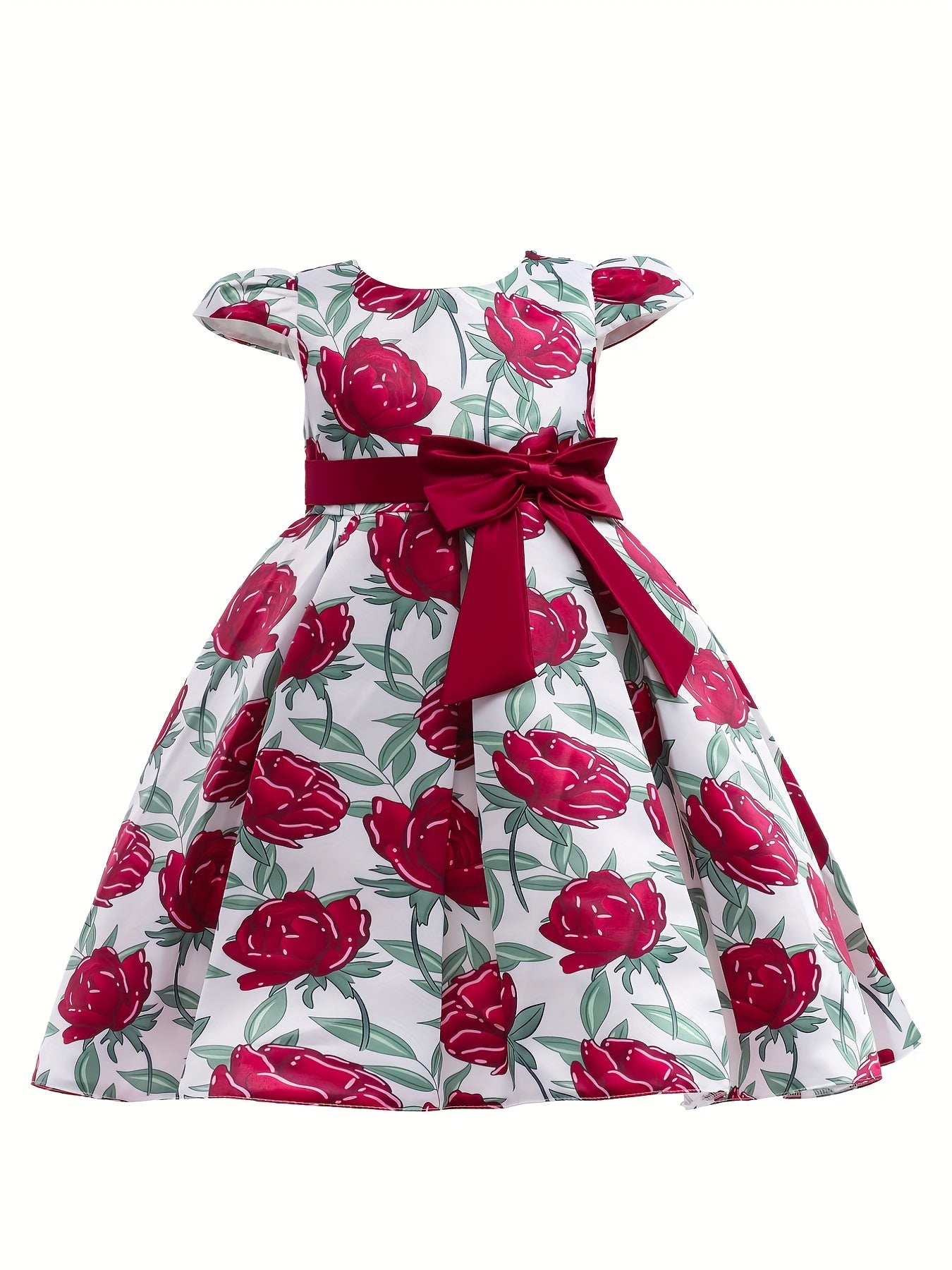 Floral Print Bowknot Short Sleeve Princess Dress