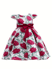 Floral Print Bowknot Short Sleeve Princess Dress