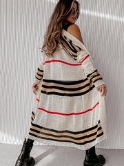  Stripe Print Long Sleeve Open Front Knit Cardigan
