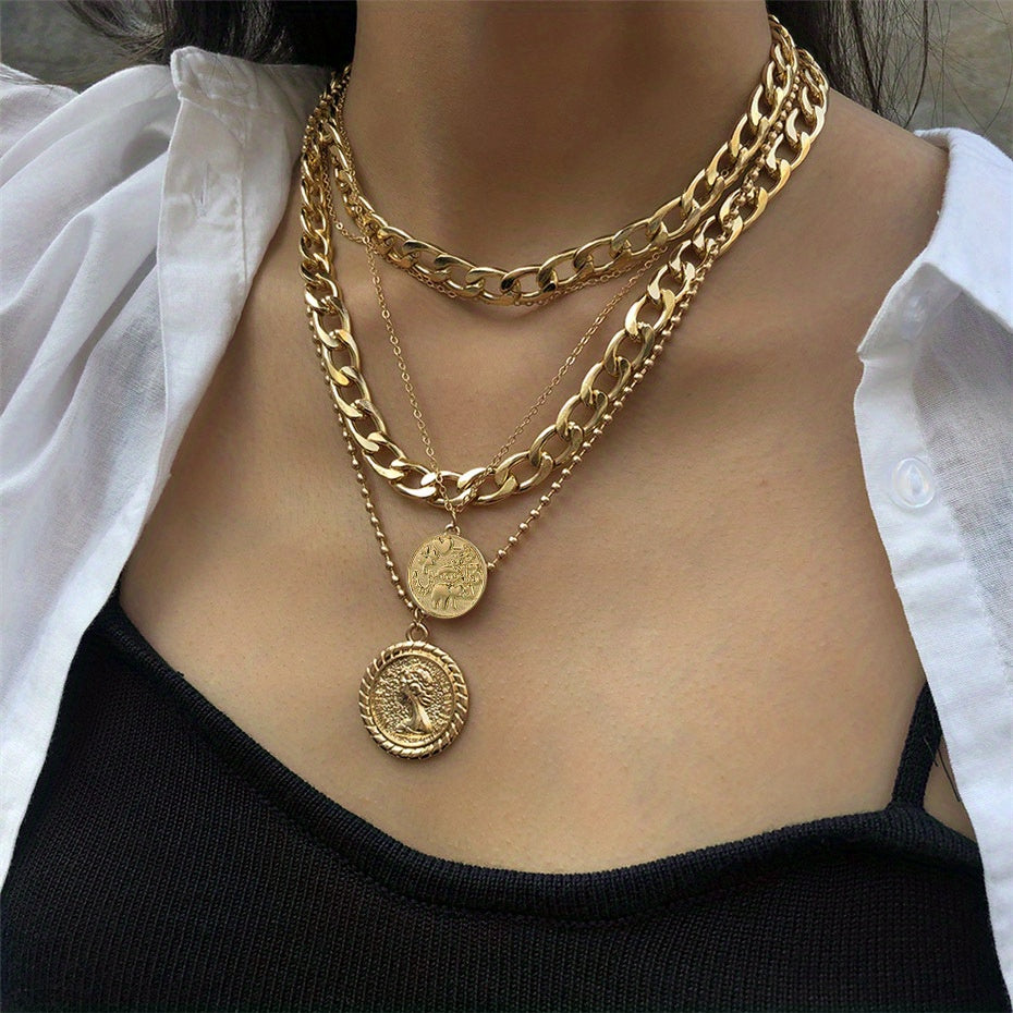 Punk Golden Portrait Coin Pendant Necklace For Women