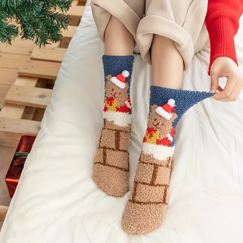 Christmas Bear Print Socks Fuzzy Warm Women's Stockings