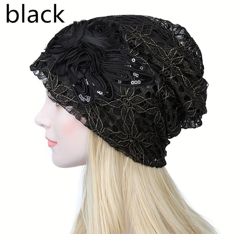 Flower Decor Lace Beanie Solid Turban Hat Lightweight Chemo Cap